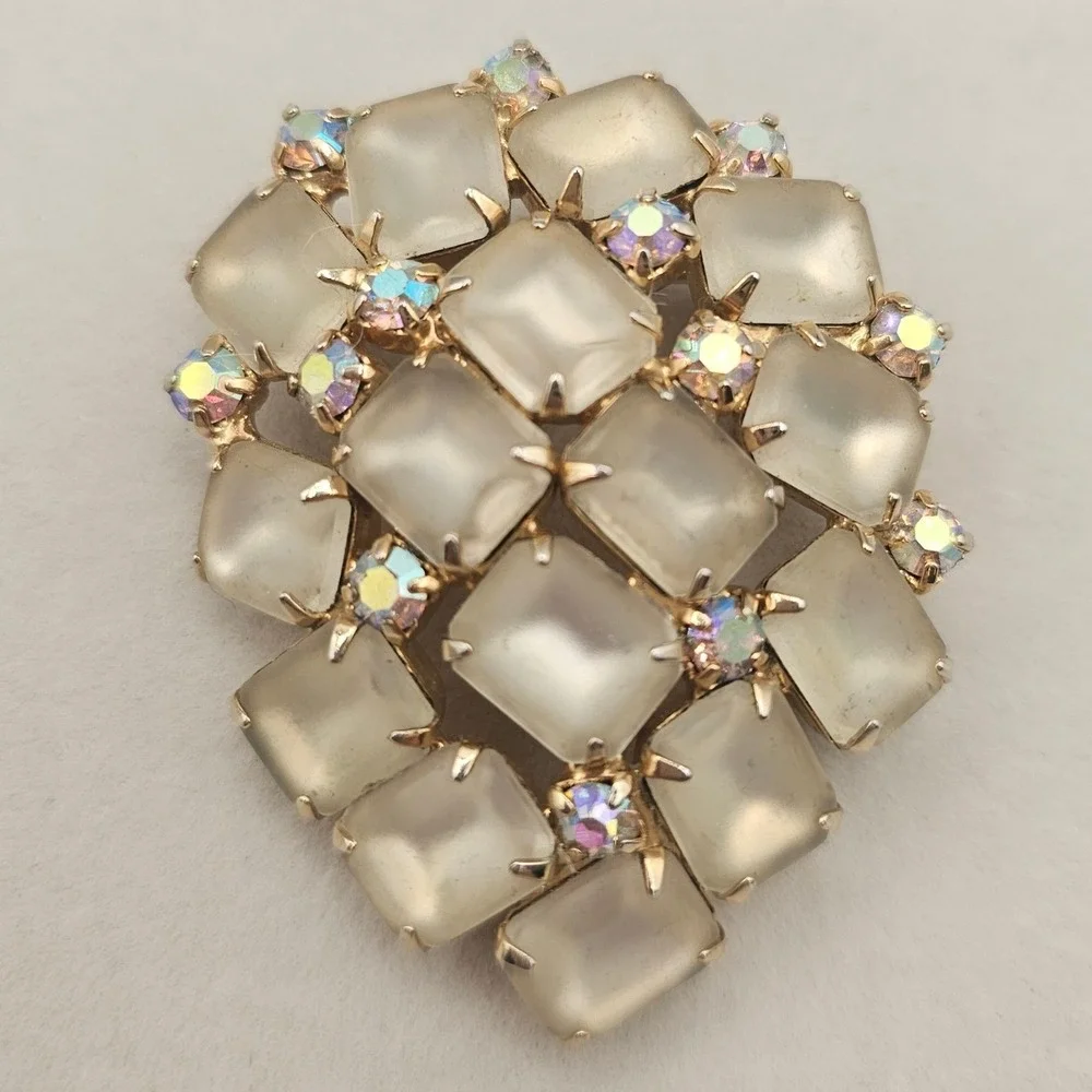 Vtg Frosted Glass Aurora Borealis Rhinestone Brooch Statement Gold Tone Wedding